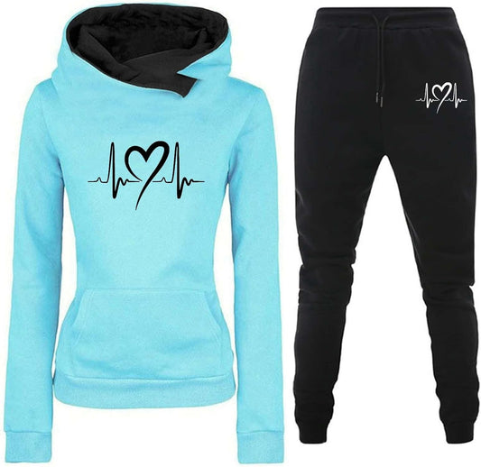 Jogginganzug Damen - Baumwolle Zweiteiler Trainingsanzug Heartbeat Print Hoodie Jogginghose Locker Sport Set Pullover Rundhalsausschnitt Jogginganzug Dünn Jogginganzug Set Gym Freizeitanzug