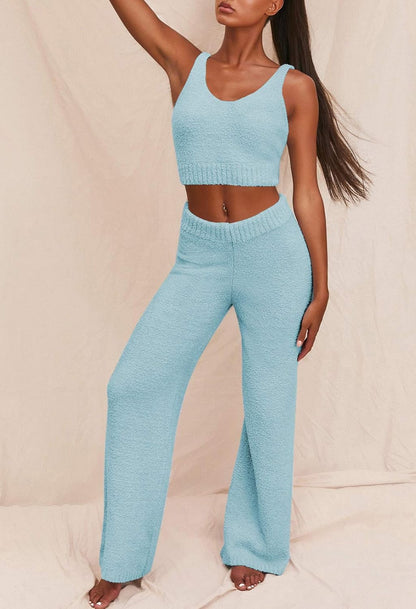 Women's 3-piece loungewear set: open front cardigan, cropped tank tops, wide leg pants