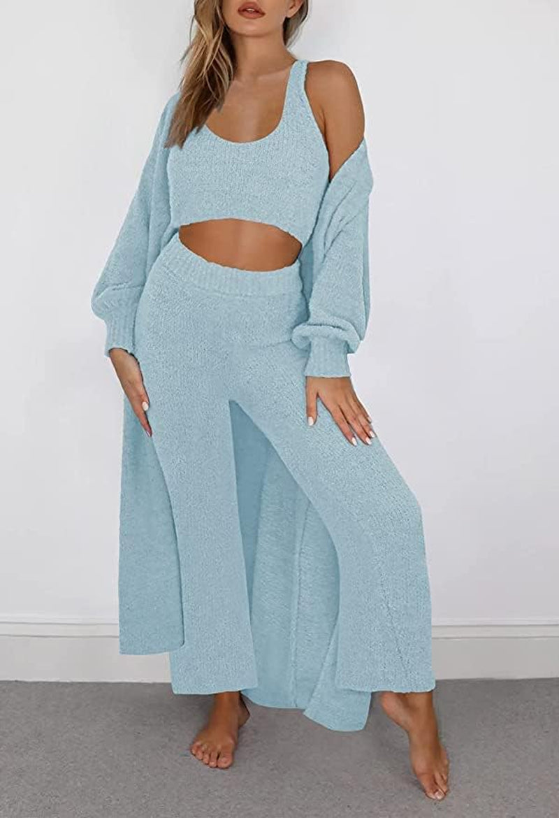 Women's 3-piece loungewear set: open front cardigan, cropped tank tops, wide leg pants